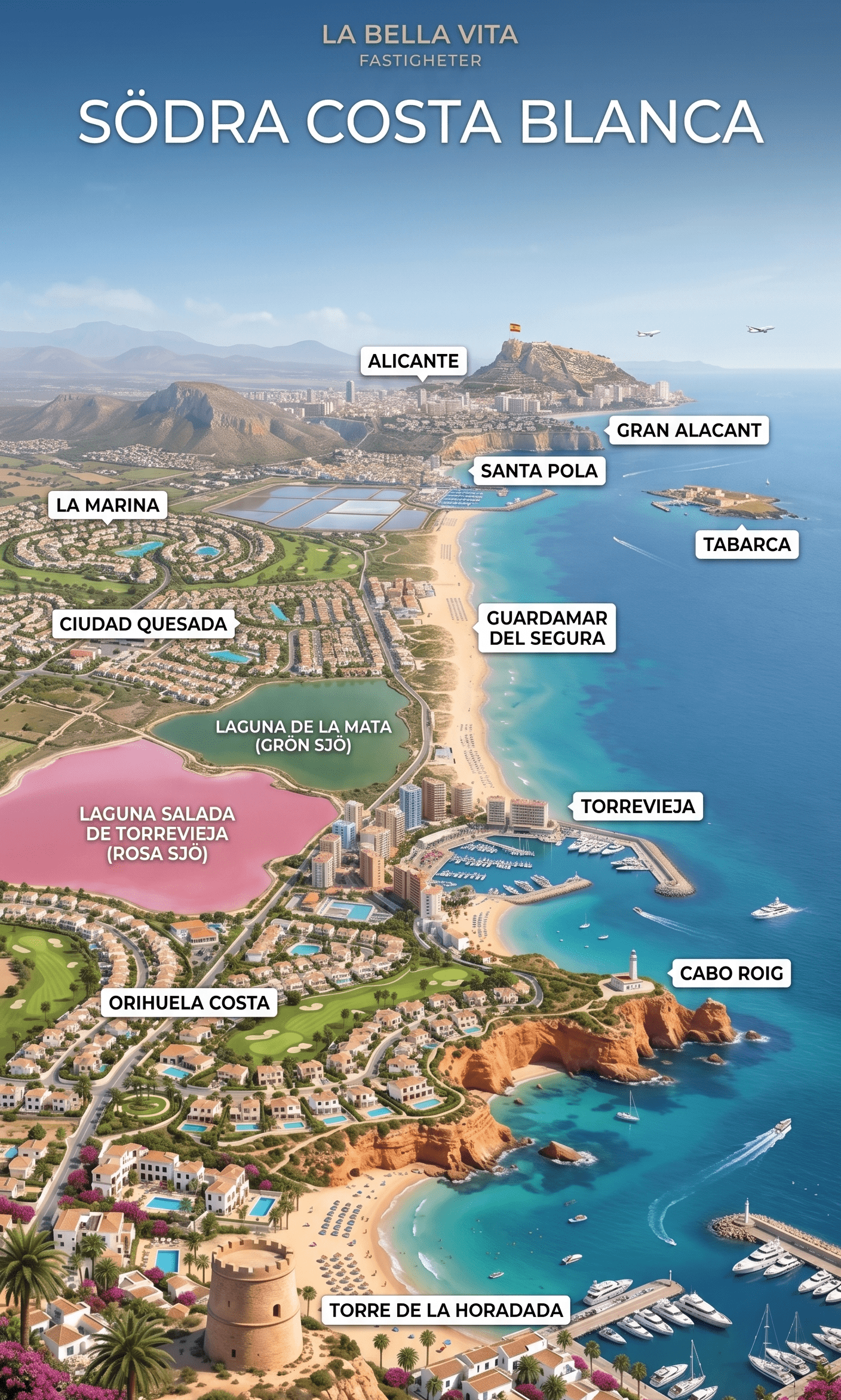 Karta över södra Costa Blanca med städer och landmärken.