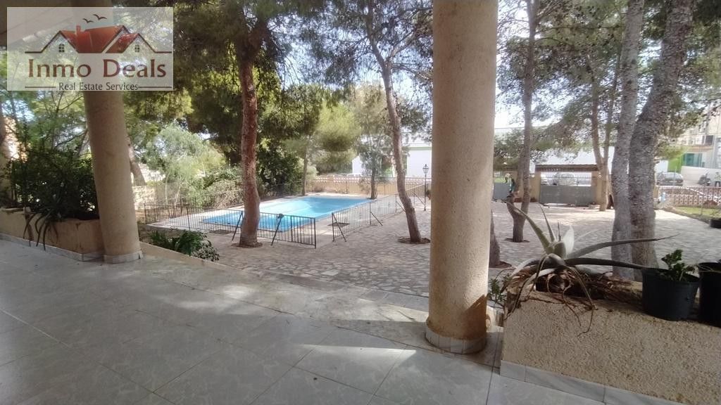 Uteplats med pool, träd och trädgård.